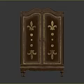 Classic Brown Two Door Cabinet With Golden Decorative Patterns And Carvings