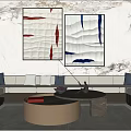 Modern Public Chair in Living Room with Abstract Paintings and Marble Background Wall