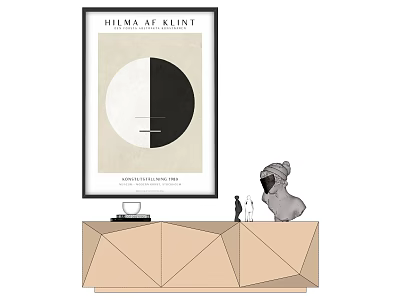 Beige Geometric Console Table With Abstract Wall Art And Sculpture Decor 3d model