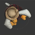 Wooden Chair With Stuffed Duck Toy Wearing Straw Hat And Plaid Vest
