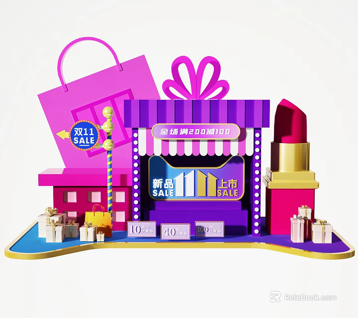 Double 11 Big Sale New Products Launch With Lipstick Gift Boxes And Shopping Bag 3d model 