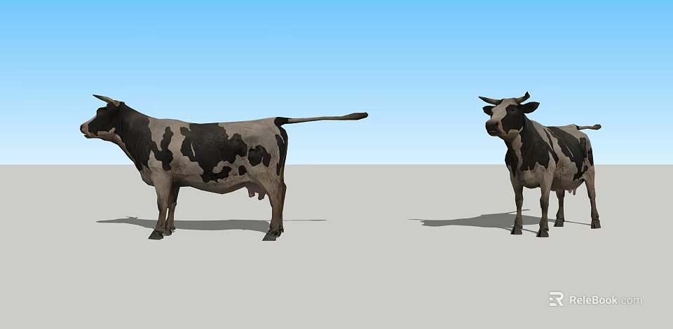 Two Cows of Different Sizes Standing on Gray Ground Under Blue Sky 3d model 