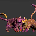 Two Colorful Patterned Feline Animals With Long Tails Interacting On Dark Background