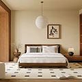 Bedroom Interior Design Featuring Wooden Headboard Beige Walls White Bedding Geometric Rug And Pendant Lamp