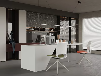 Modern Open Kitchen Interior With Stylish Bar Counter White Top And Comfortable Chairs 3d model