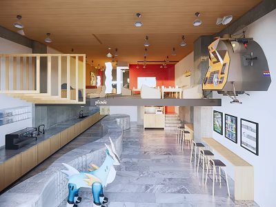 Open Space Café Interior With Wooden Staircase Counter And Decorative Wall Art 3d model