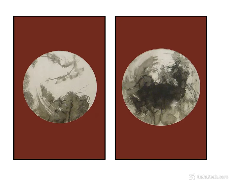 Two Red Framed Circular Ink Paintings With Nature Inspired Artwork 3d model