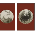 Two Red Framed Circular Ink Paintings With Nature Inspired Artwork 3d model