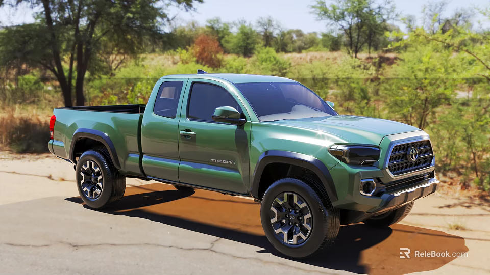 Green Toyota Tacoma Pickup Truck With Off Road Tires In Outdoor Tree Setting 3d model 