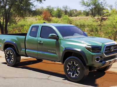 Green Toyota Tacoma Pickup Truck With Off Road Tires In Outdoor Tree Setting 3d model