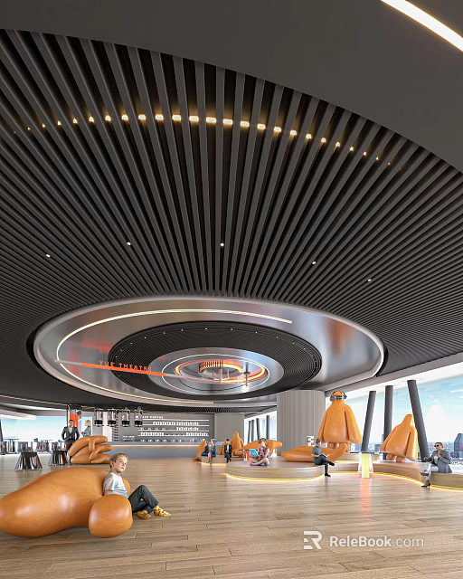 Modern Elegant Front Desk Reception With Circular Ceiling Light Strips Orange Sofas And Bar Counter 3d model