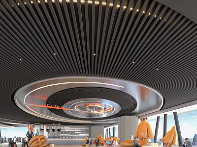 Modern Elegant Front Desk Reception With Circular Ceiling Light Strips Orange Sofas And Bar Counter 3d model