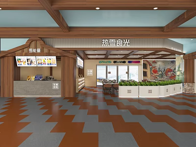 Rexue Shiguang Restaurant Wooden Structure Open Layout Order Counter Menu Screens Colorful Decorations Geometric Flooring 3d model