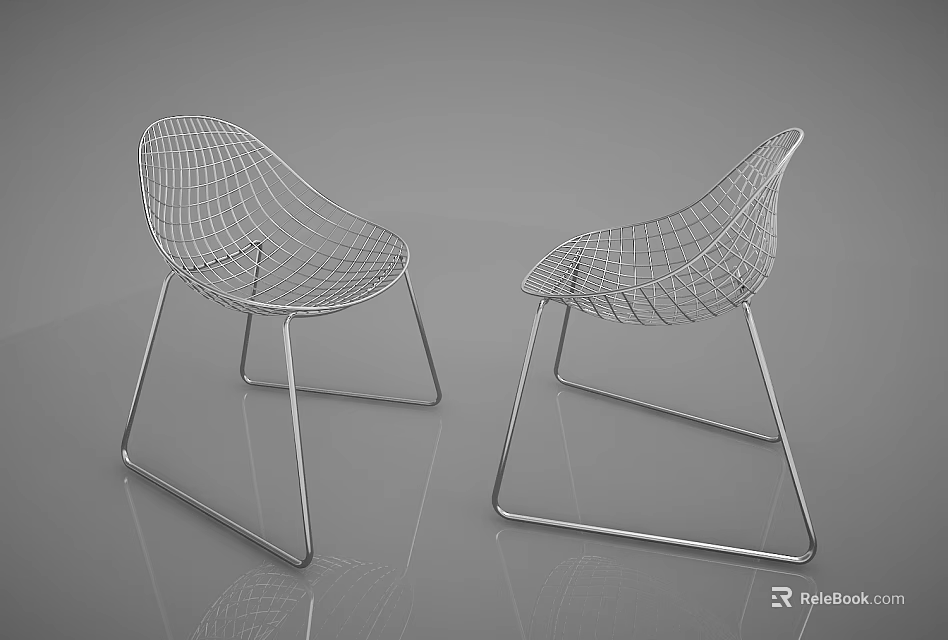 Modern Single Chair Featuring Metal Wire Mesh Design And Geometric Legs 3d model 