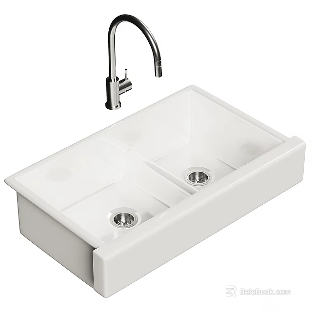 White Ceramic Double Bowl Kitchen Sink With Modern Chrome Faucet Design 3d model 