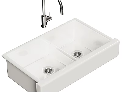 White Ceramic Double Bowl Kitchen Sink With Modern Chrome Faucet Design 3d model