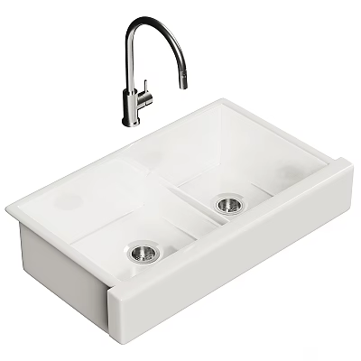 White Ceramic Double Bowl Kitchen Sink With Modern Chrome Faucet Design 3d model