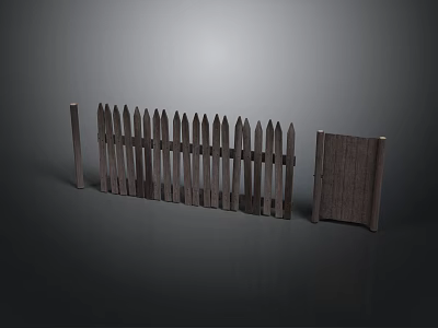 Rustic Wooden Garden Fence with Pointed Slats and Solid Door Panel 3d model