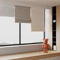 Modern Interior Window with Beige and Gray Blinds and Orange Bear Doll on Windowsill