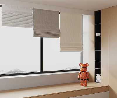 Modern Interior Window with Beige and Gray Blinds and Orange Bear Doll on Windowsill 3d model