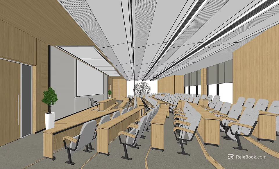 Modern Conference Room Interior With Staircase Style Wooden Tables White Chairs And Large Windows 3d model 