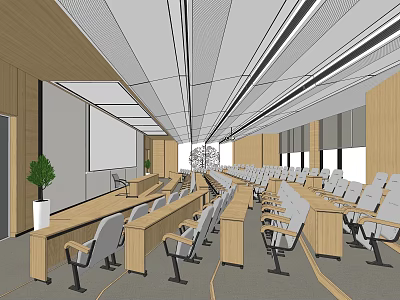 Modern Conference Room Interior With Staircase Style Wooden Tables White Chairs And Large Windows 3d model