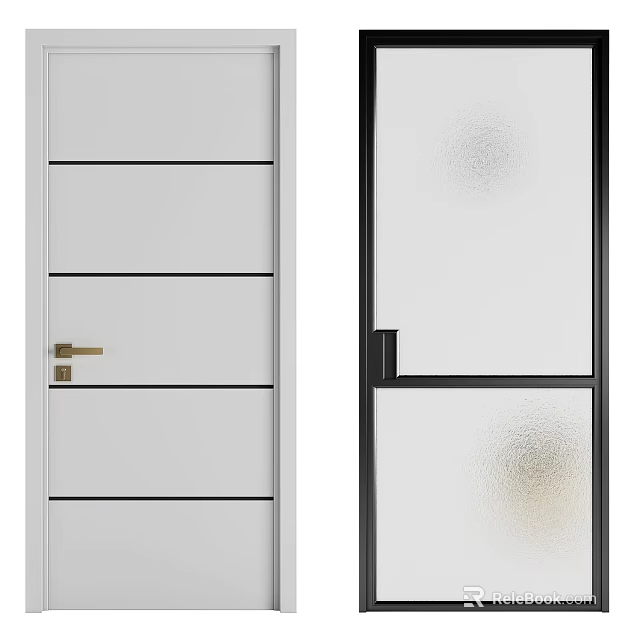 Modern Hinged Doors White Paneled Black Framed Frosted Glass With Gold And Black Handles 3d model 
