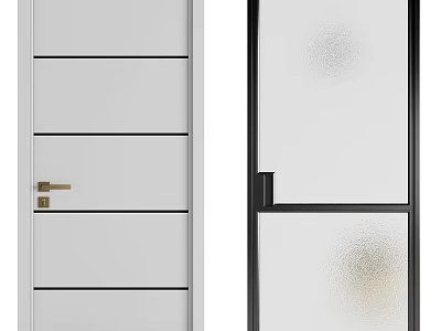 Modern Hinged Doors White Paneled Black Framed Frosted Glass With Gold And Black Handles 3d model