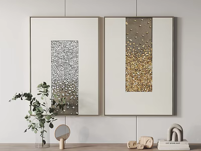 Modern Wall Decor With Silver Gold Abstract Paintings And Green Plant Decor 3d model