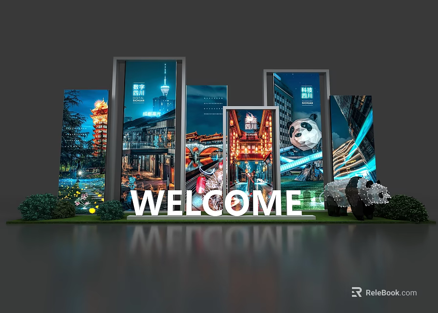 Welcome Display Area With Multiple Billboards Featuring Panda Tower And Night Scene Architecture 3d model 