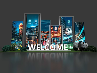 Welcome Display Area With Multiple Billboards Featuring Panda Tower And Night Scene Architecture 3d model