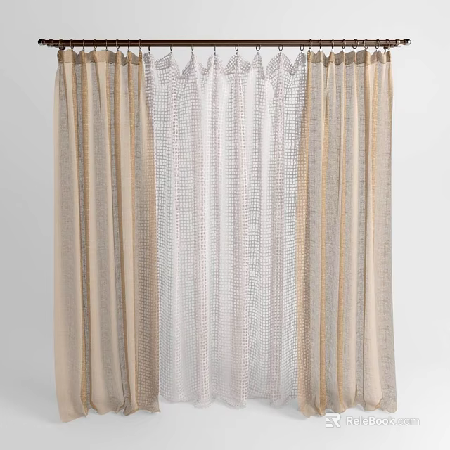 Elegant Beige And White Curtains With Sheer Fabric And Lace Details For Home Interior 3d model 