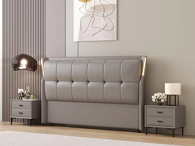 Elegant Modern Double Bed With Gray Leather Headboard Nightstands Table Lamp And Wall Art 3d model