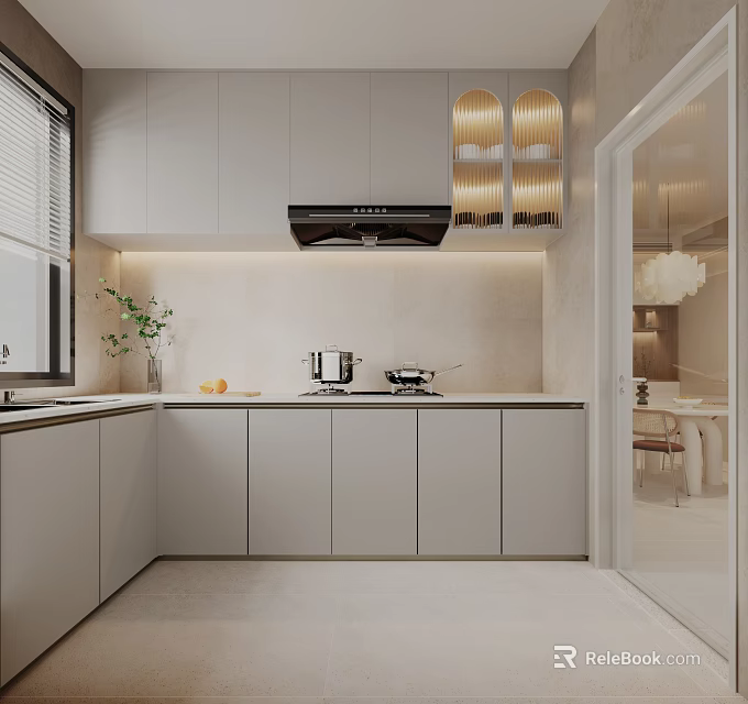 Modern Kitchen Interior With Light Gray Cabinets Range Hood Countertop And Cookware 3d model