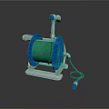 White And Blue Garden Hose Reel With Green Water Hose And Portable Stand