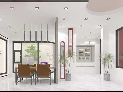 Modern Open Restaurant Interior With White Dining Table Chairs Plants And Pendant Lights 3d model