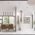 Modern Open Restaurant Interior With White Dining Table Chairs Plants And Pendant Lights