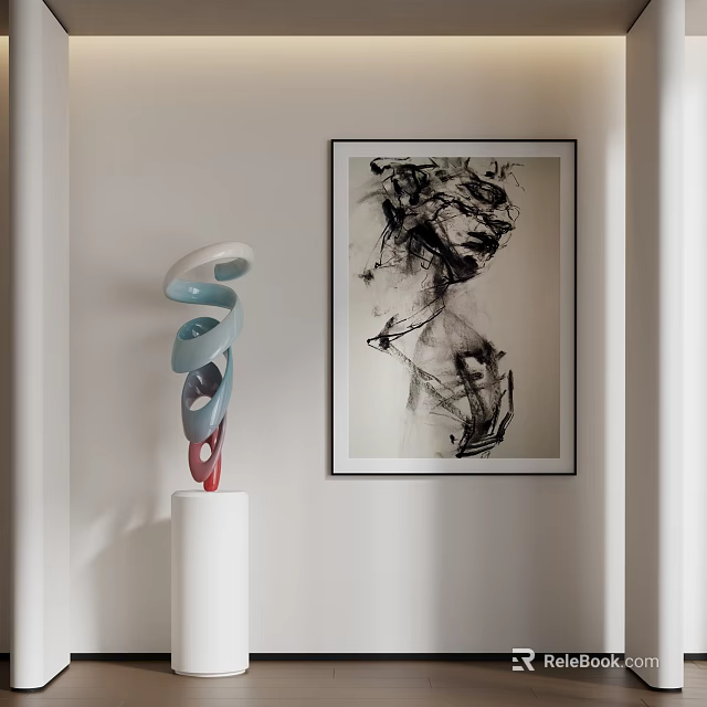 Abstract Spiral Sculpture Carving in Blue White Red on White Pillar with Black White Painting 3d model 