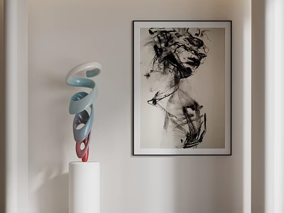Abstract Spiral Sculpture Carving in Blue White Red on White Pillar with Black White Painting 3d model