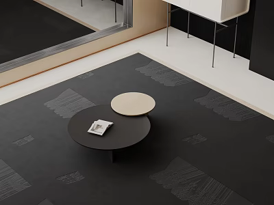 Black Round Coffee Table with Light Colored Tray and Open Book on Dark Geometric Rug 3d model
