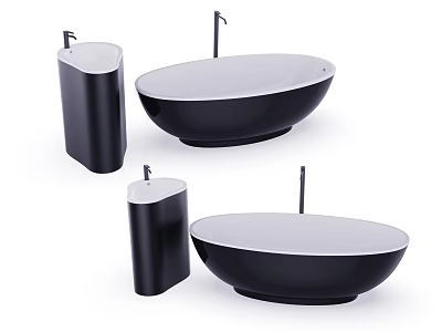Modern Sleek Bathtub Design With Oval Shape And Black Pedestal Sinks Setup 3d model