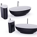 Modern Sleek Bathtub Design With Oval Shape And Black Pedestal Sinks Setup