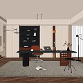 Modern Middle-ancient Style Study Bookcase Desk Chair Book Decoration Computer Table Lamp Potted Plant 3d model