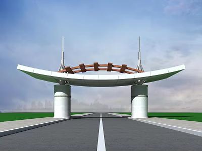 Modern Entrance Gate With Large White Curved Top Wooden Decoration White Pillars And Wide Road 3d model