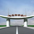 Modern Entrance Gate With Large White Curved Top Wooden Decoration White Pillars And Wide Road
