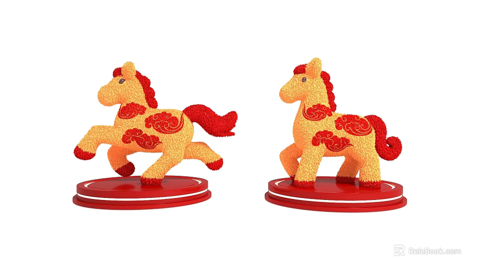 Decorative Ornament Set With Two Yellow Horse Figurines Red Cloud Patterns And Red Bases 3d model 