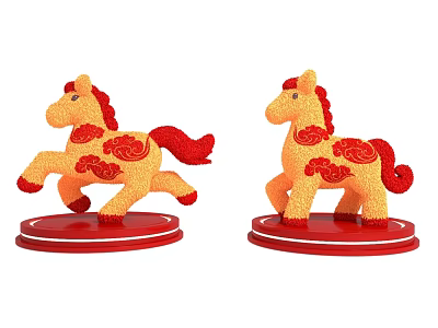 Decorative Ornament Set With Two Yellow Horse Figurines Red Cloud Patterns And Red Bases 3d model