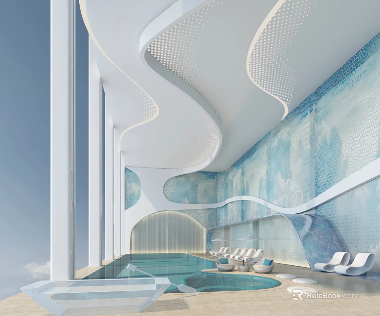 Modern Luxury Indoor Swimming Pool With Curved Ceiling Blue Tile Walls And Lounge Chairs 3d model 