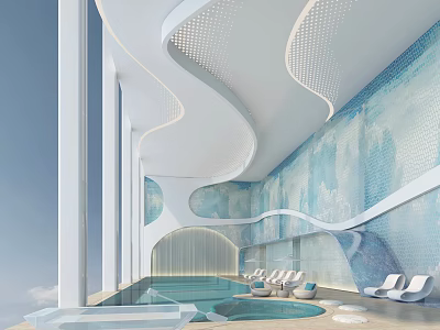 Modern Luxury Indoor Swimming Pool With Curved Ceiling Blue Tile Walls And Lounge Chairs 3d model