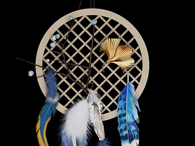 Decorative Dreamcatcher Wall Hanging With Circular Lattice Ginkgo Leaf And Colorful Feathers 3d model